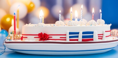 yatch design Birthday cake with candles on it, celebration decorative lights, with copy space,...