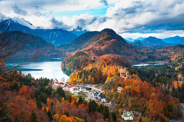 Beautiful view of Neuschwanstein castle in the fall season, Germany. - 696728542