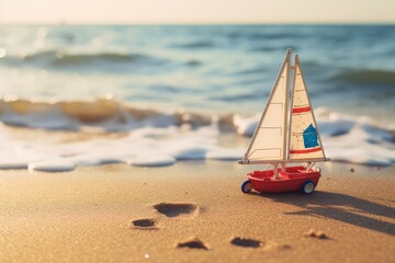 Toy sailboat on sandy beach with waves in background, concept of travel and adventure.