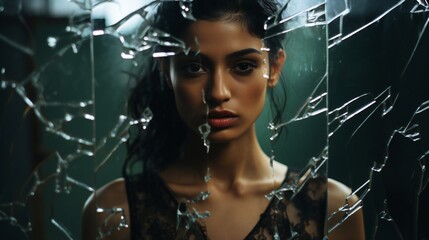a portrait of indian woman with broken mirror, a concept of mental health and human trafficking