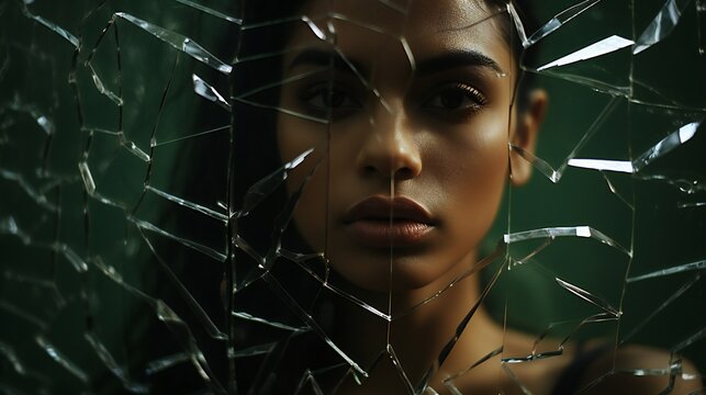 a portrait of indian woman with broken mirror, a concept of mental health and human trafficking