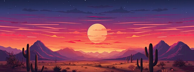 night desert landscape with rock and full moon - obrazy, fototapety, plakaty
