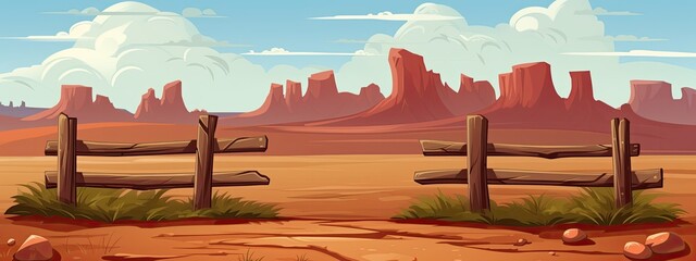 wooden ranch fence at wild west landscape.