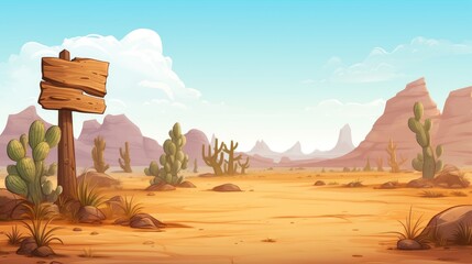 American west desert landscape with wooden board. Country scene with sand, mountains, cactus. - obrazy, fototapety, plakaty