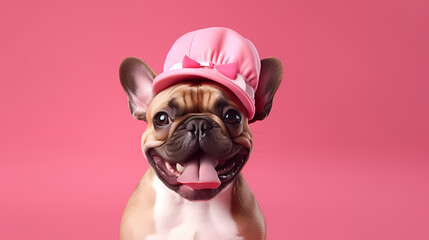Happy french bulldog with tongue sticking out and wearing pink hat isolated on warm pink background - obrazy, fototapety, plakaty