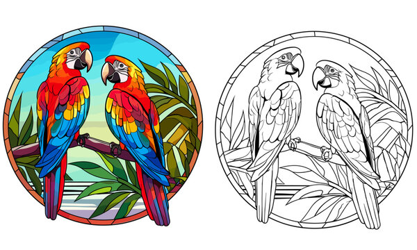 Two Beautiful Macaw Parrots on Branch: Stained Glass Coloring Page and Flat Color Cover Design Vector with Presents, White Background