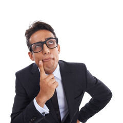 Businessman, thinking and planning in studio for company, contemplating and confidence in ideas. Male professional, lawyer and face by white background, question and wonder for career and future