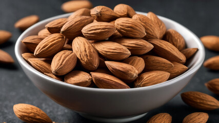 Almonds in bowl on dark grey background..