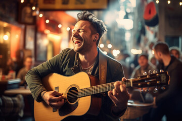 Cheerful musician performing guitar in a pub - Powered by Adobe