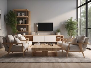 Cubic wooden coffee table between white sofa and armchairs. Scandinavian style home