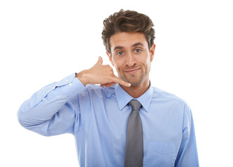 Portrait, hand phone and call me with businessman in studio isolated on white background for...