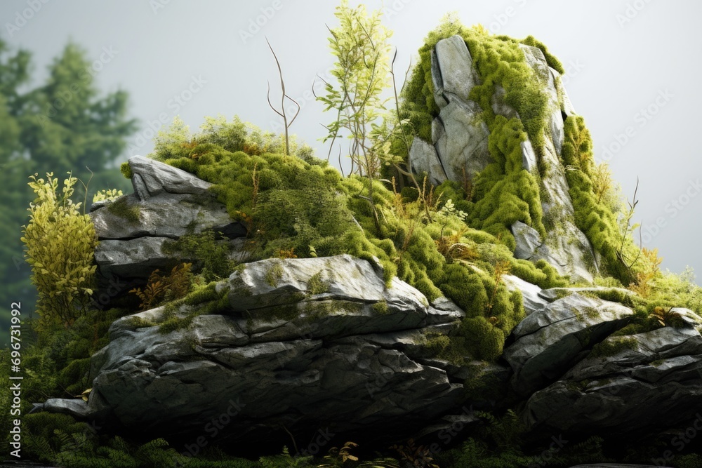 Poster a picture of a moss covered rock formation with trees in the background. suitable for nature and out