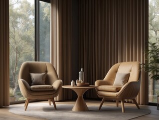 Two barrel chairs and round wooden coffee table against window near paneling wall and curtain