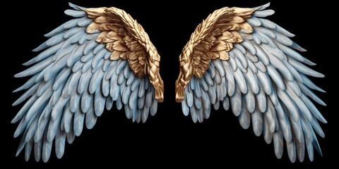 Blue and gold wings on a black background. Versatile image that can be used for various concepts and themes