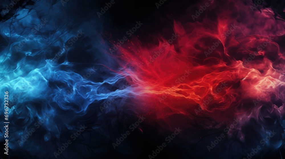 Poster a vibrant cloud of red and blue smoke against a dark black background. perfect for adding a touch of
