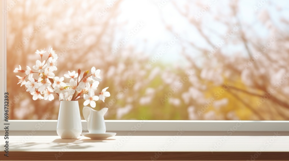 Aufkleber A window sill adorned with two vases of beautiful flowers. Perfect for adding a touch of nature to any space