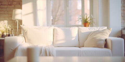 A white couch sitting in a living room next to a window. Perfect for interior design or home decor projects