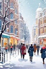 Obraz premium A group of people walking down a snow covered street. Suitable for winter activities or urban scenes in snowy weather