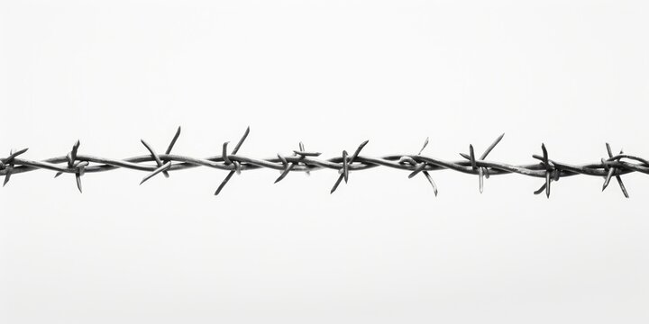 A black and white photo showcasing barbed wire. This image can be used to depict themes such as confinement, security, boundaries, or obstacles.