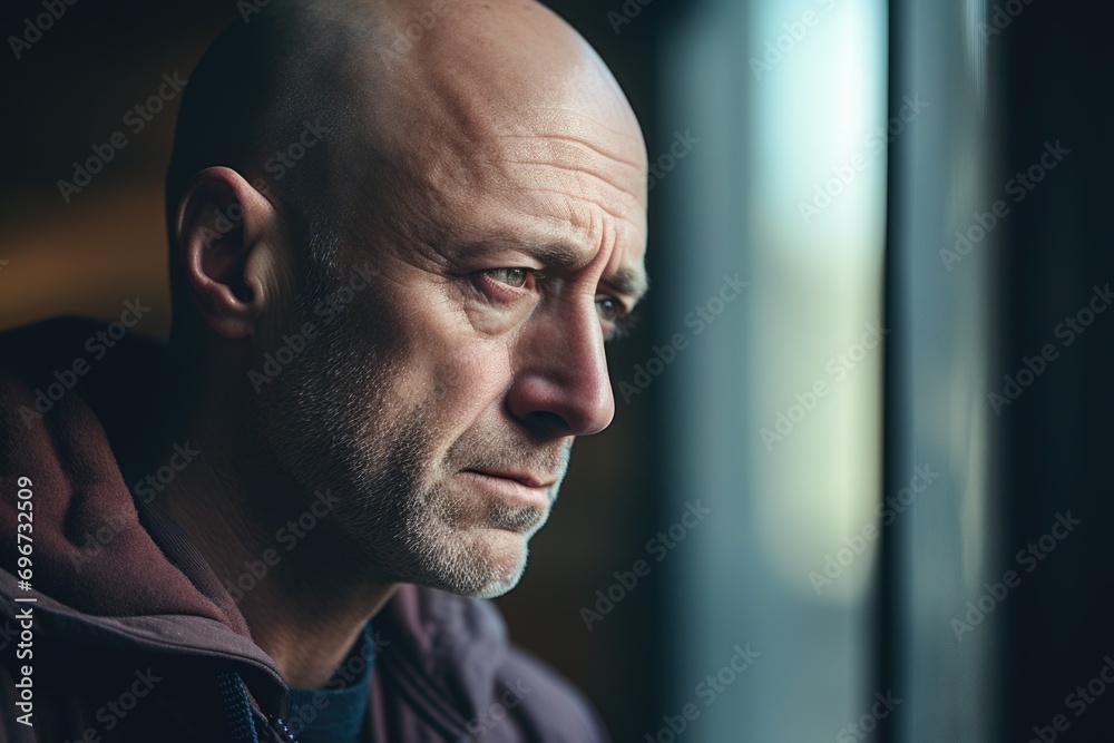Poster a bald man standing near a window, gazing outside. suitable for various concepts and themes