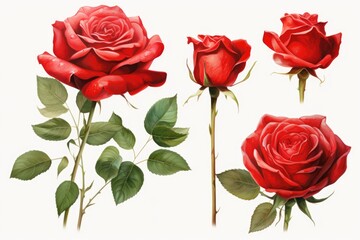 A beautiful set of four red roses with vibrant green leaves. Perfect for expressing love and affection. Can be used for various occasions and designs