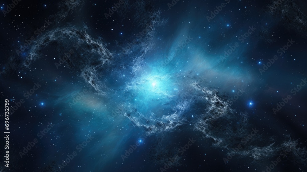 Poster a stunning image of a bright blue nebula with stars in the background. perfect for space enthusiasts
