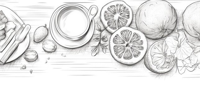 A drawing of various fruits displayed on a table. Suitable for use in food and nutrition-related projects