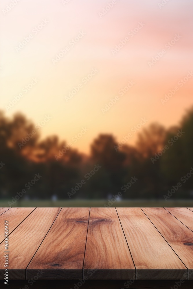 Poster A wooden table with a beautiful and hazy sunset in the background. Perfect for adding a warm and rustic touch to any design or project