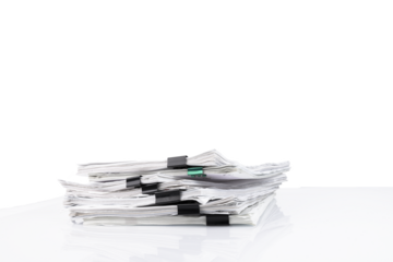 A stack of papers in the office on a white table, Transparent background. PNG.