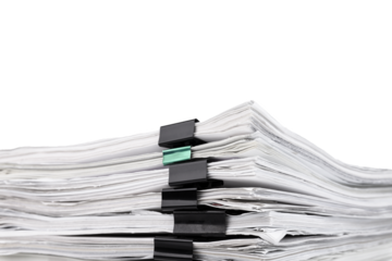 Stack of papers with paper clips, office folders. Transparent background. PNG.