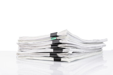 A stack of papers in the office on a white table, Transparent background. PNG.