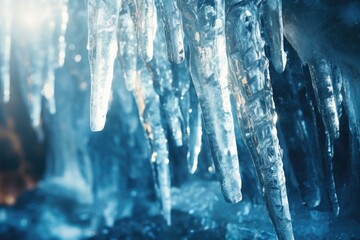 Icicles hanging from the ceiling of a cave. Suitable for nature, winter, and underground themes - obrazy, fototapety, plakaty