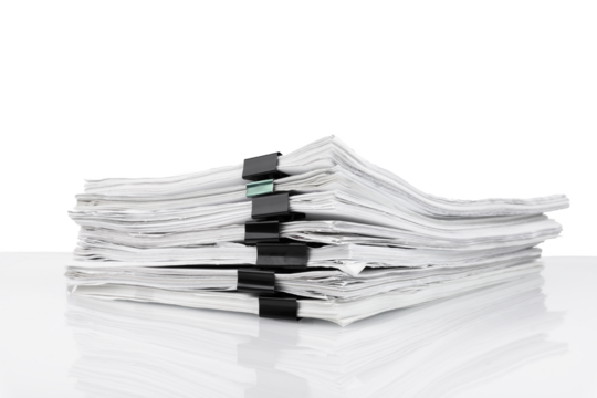 A stack of papers in the office on a white table, Transparent background. PNG.