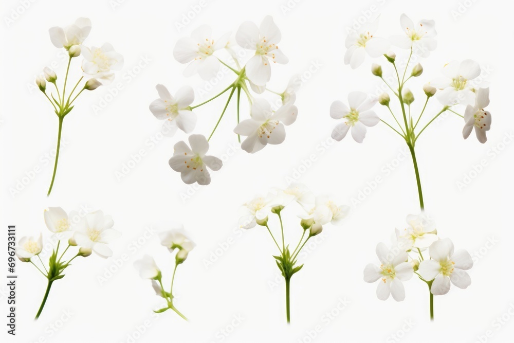 Poster a bunch of white flowers on a plain white background. perfect for adding a touch of elegance and sim