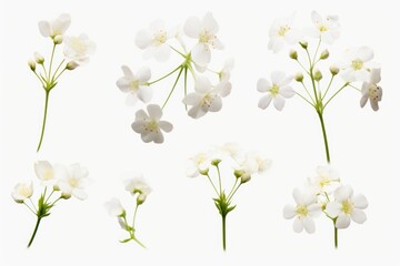 A bunch of white flowers on a plain white background. Perfect for adding a touch of elegance and simplicity to any design
