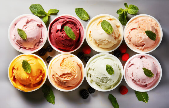 Set of four various ice cream balls or scoops ,ice cream scoops of different colors and flavours with berries
