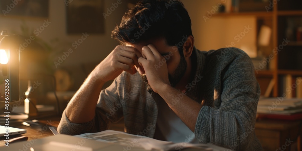 Aufkleber A man is sitting in front of a laptop computer, focused and engaged. This image can be used to represent concepts related to technology, work, productivity, remote work, and online communication