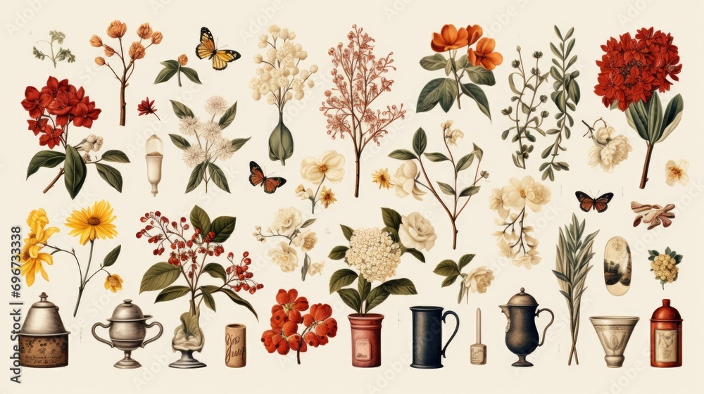 Poster a collection of different types of flowers arranged in various vases. suitable for home decor, flora