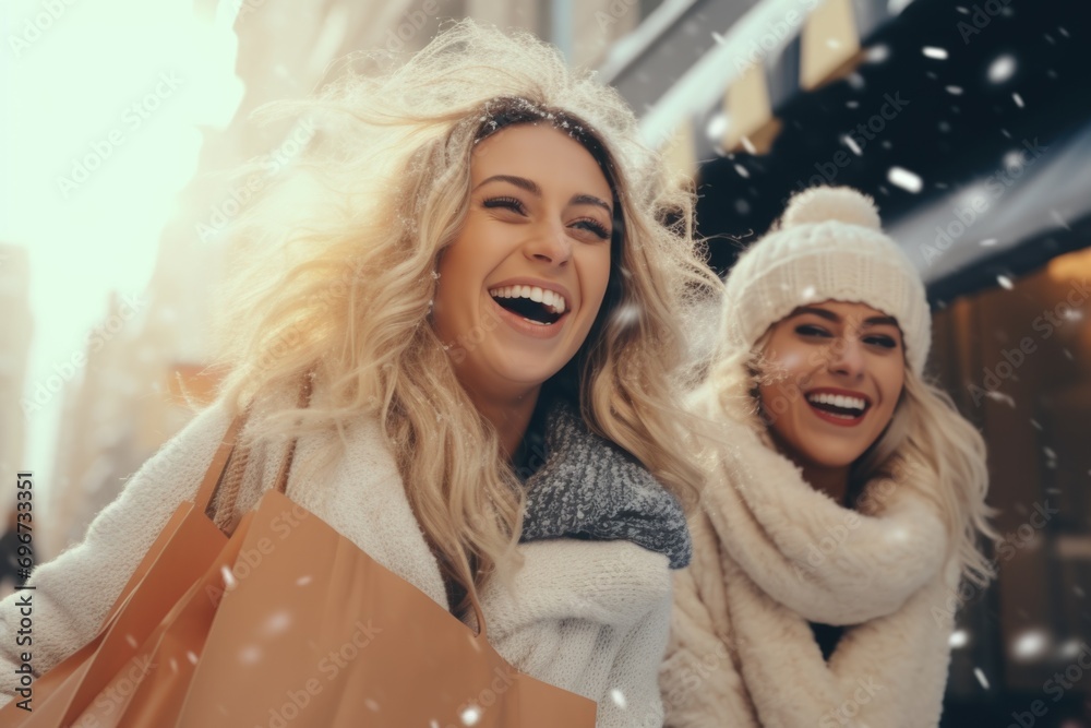 Canvas Prints Two women walking down the street with shopping bags. Ideal for fashion, retail, and consumerism concepts