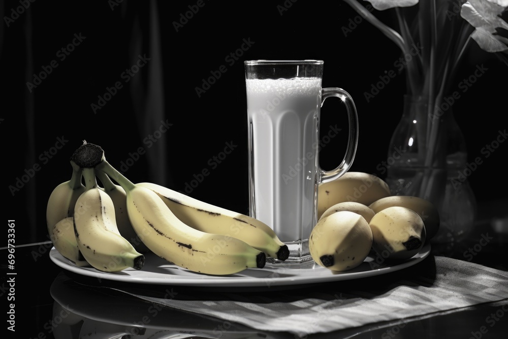 Poster a simple and nutritious meal consisting of a plate of bananas and a glass of milk. ideal for a healt