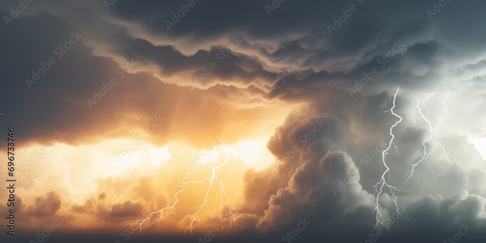 Poster A large cloud filled with intense lightning, creating a dramatic and electrifying scene. Perfect for illustrating stormy weather or adding a dynamic element to any design