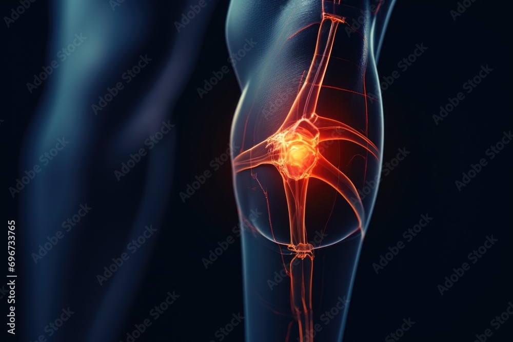 Poster A close-up view of a person's knee with a vibrant red light shining on it. This image can be used to portray concepts such as pain, injury, medical treatment, or even nightlife