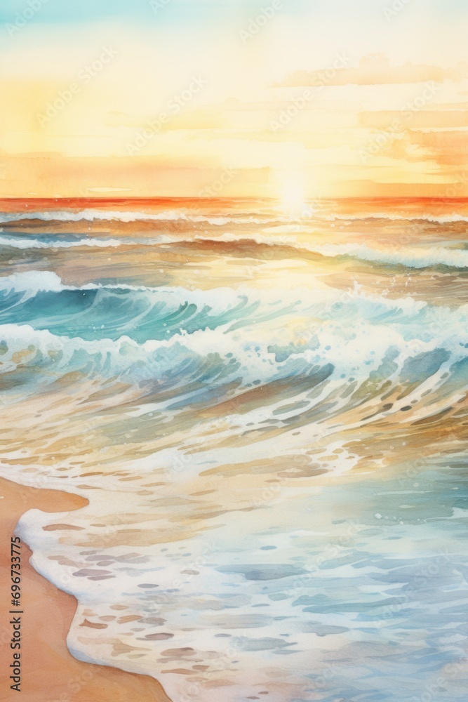 Poster a beautiful painting capturing the serene moment of a sunset over the ocean. perfect for adding a to