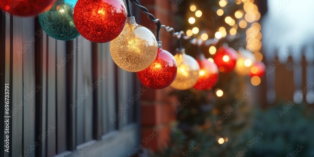 Poster A festive display of Christmas lights hanging from the side of a building. Perfect for adding a touch of holiday cheer to any project or event