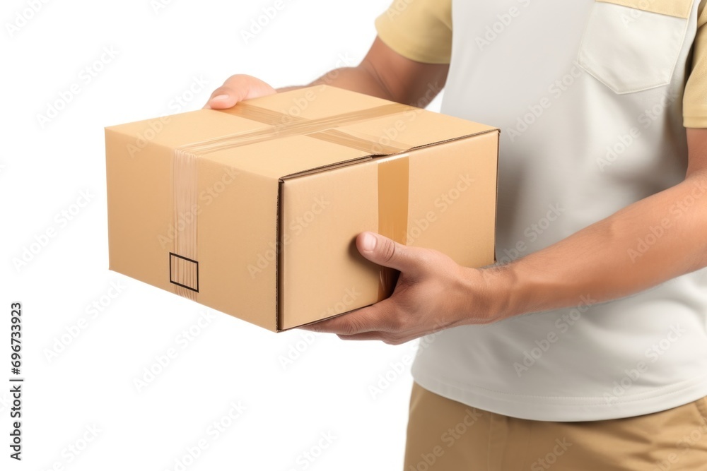 Poster a man is seen holding a cardboard box in his hand. this versatile image can be used to represent con