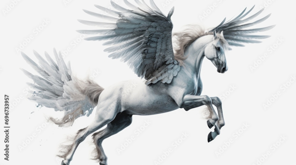 Poster a majestic white horse with wings soaring through the sky. perfect for adding a touch of fantasy and