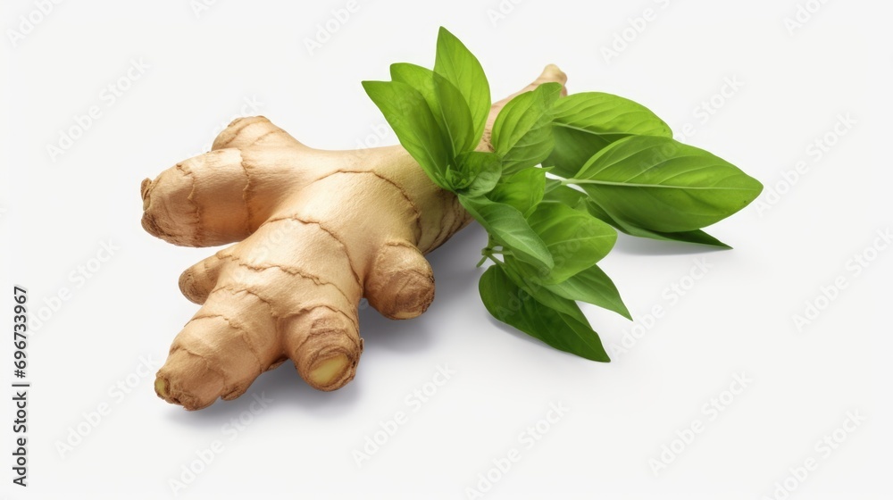 Poster A close-up image of a ginger root with vibrant green leaves on a clean white surface. This versatile picture can be used in various contexts