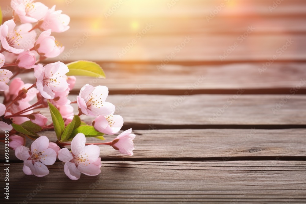 Poster A bunch of pink flowers sitting on top of a wooden table. Perfect for adding a touch of color and freshness to any space