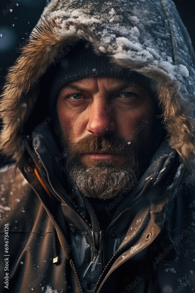 Poster A picture of a man with a beard wearing a hooded jacket. This versatile image can be used in various contexts