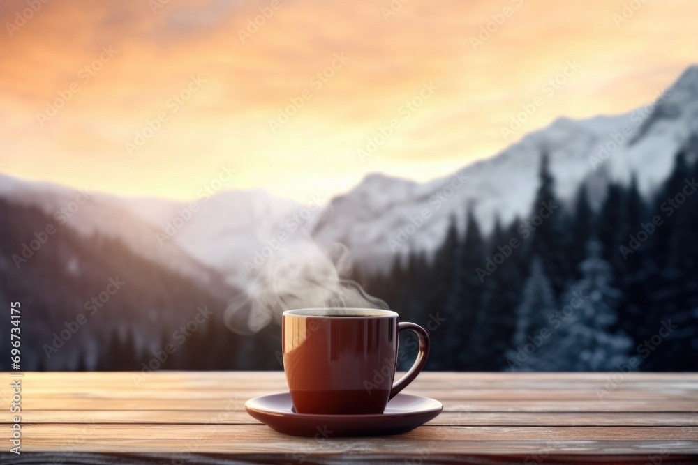 Poster a cup of coffee resting on a saucer placed on a wooden table. suitable for various coffee-related th